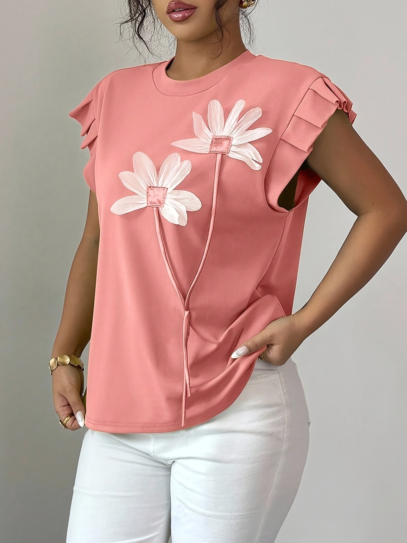 Selindra | 3D Bloemen T-shirt – Kleurblok Casual Top, Mouwloos, Comfortabel Everyday Tee
