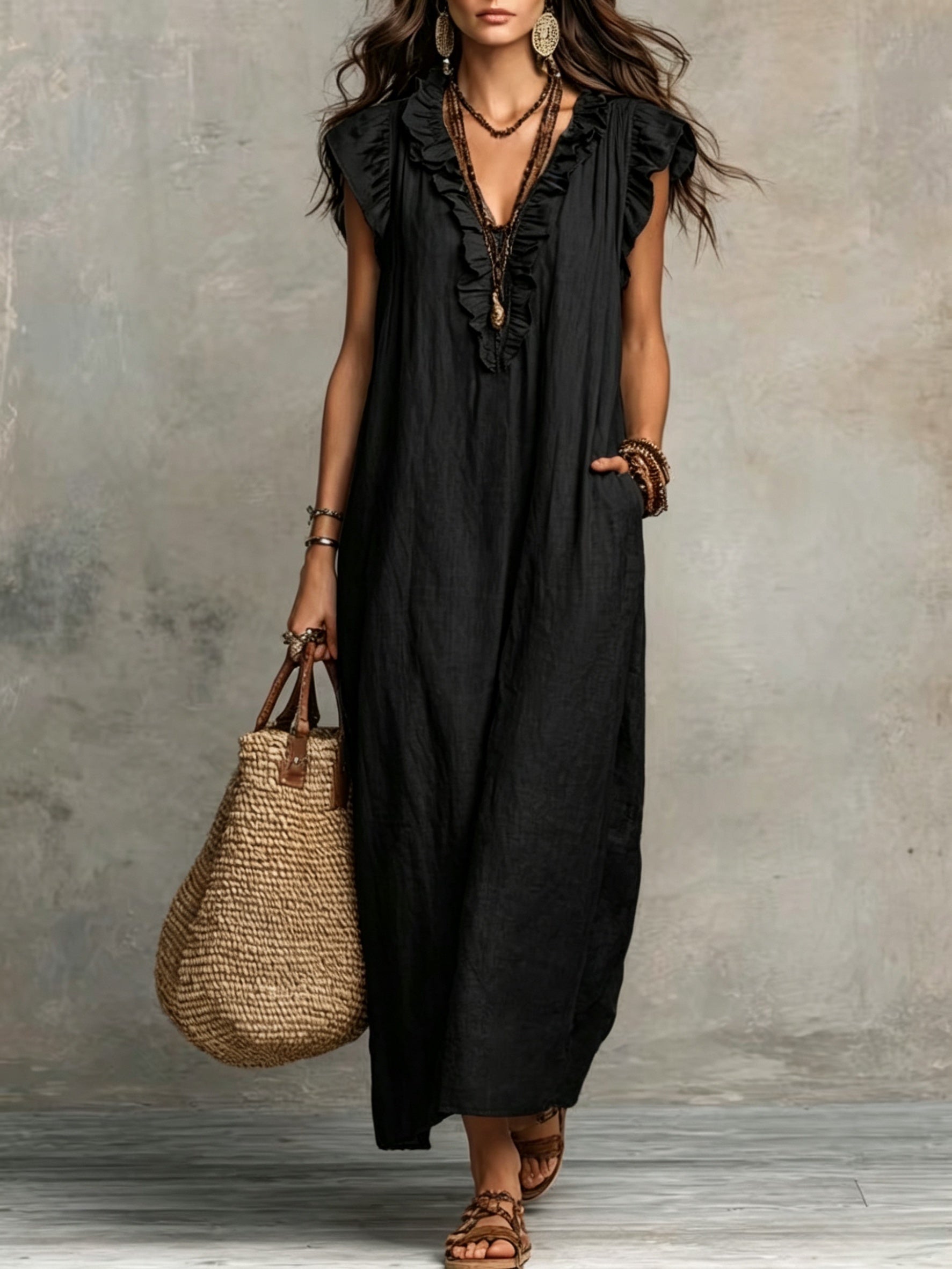 Jyra | Casual-elegante jurk voor dames – Lange, zwierige zomerjurk in boho-stijl met V-hals