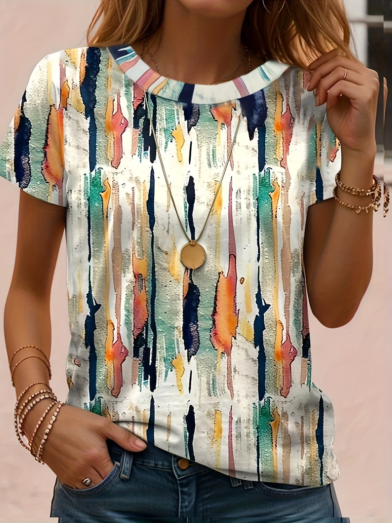 Rumi | Casual T-shirt met print voor dames – Zomertop met geometrische, abstracte strepen