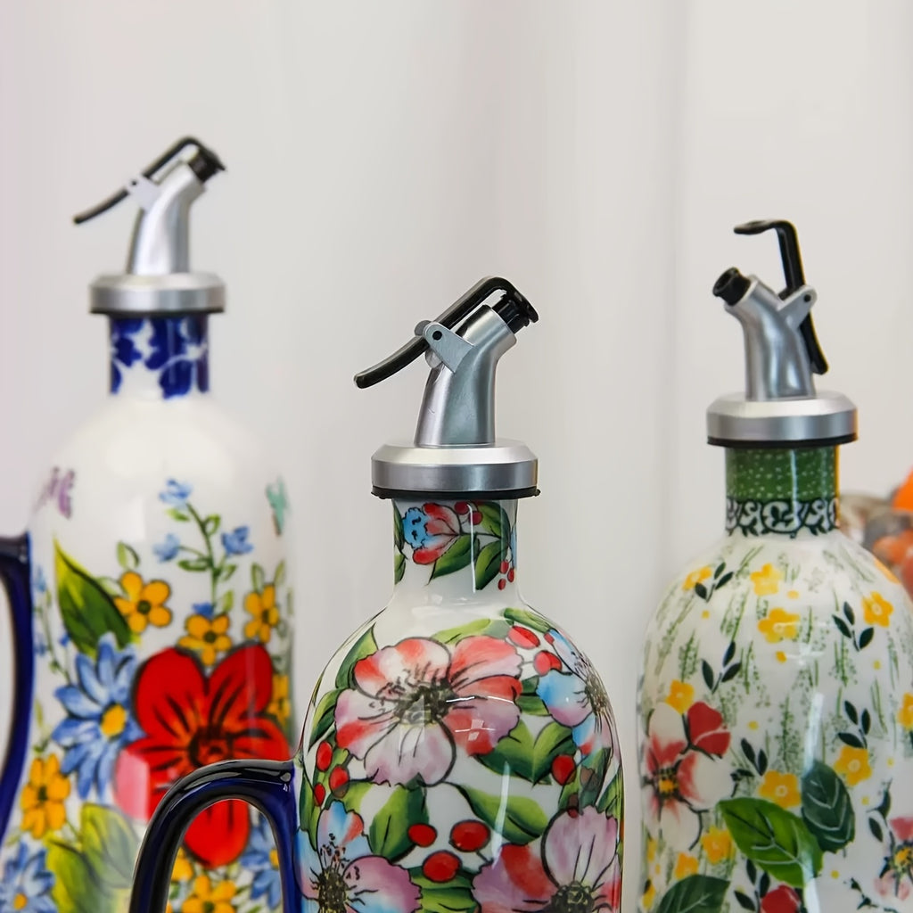 OlivaBloom | Handbeschilderde Olijfoliefles, Elegante Keuken Oliefles, Bloemmotief