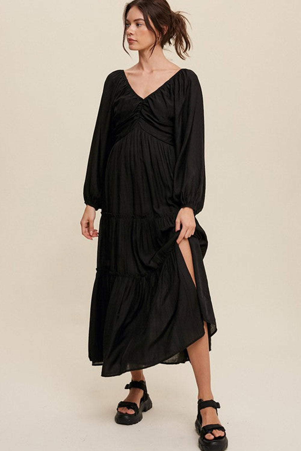 Sinae | Dames V-hals Maxi Jurk met Cut-Out – Boho Avondjurk met Strikdetail en Franjes