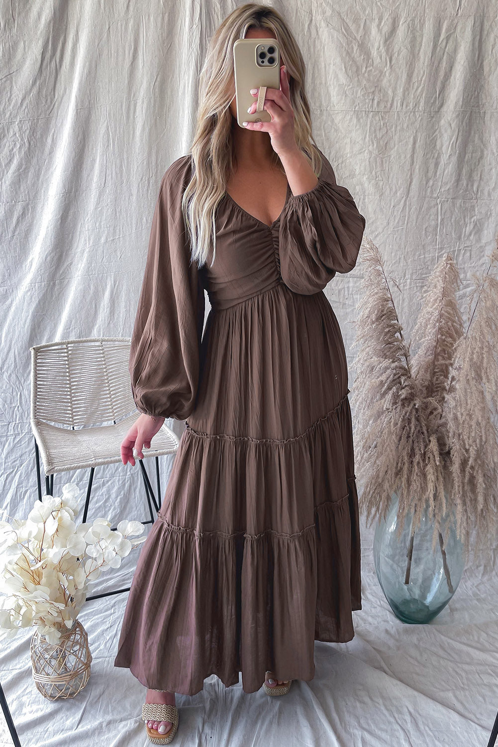 Sinae | Dames V-hals Maxi Jurk met Cut-Out – Boho Avondjurk met Strikdetail en Franjes