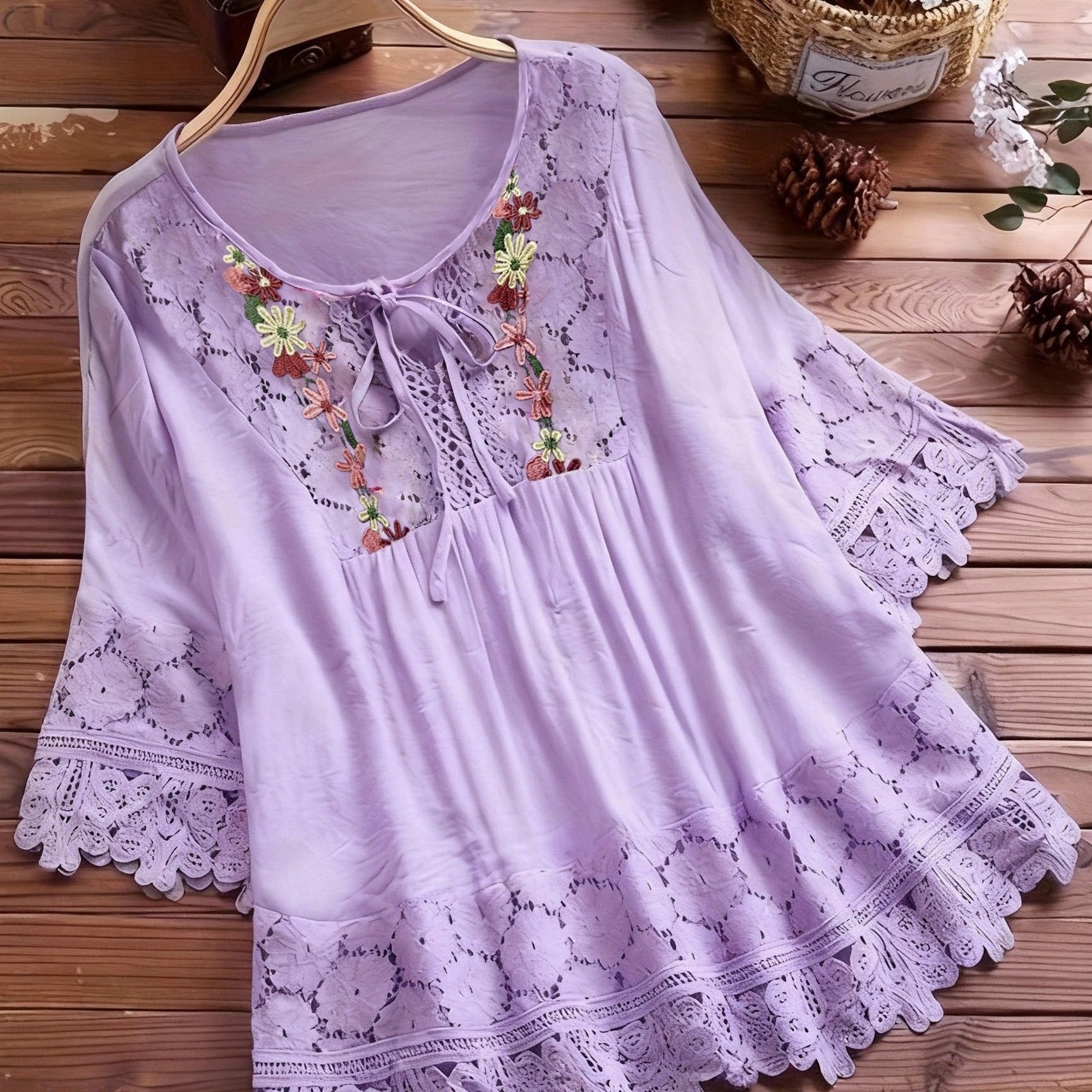 Vayla | Casual kanten damesblouse – Lente-zomerblouse met lange mouwen en patchwork