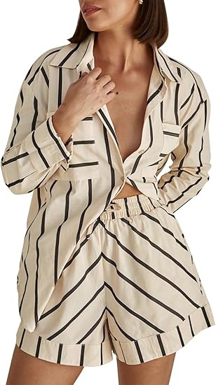 Texina | Casual Shorts Set – Lange Mouwen Overhemd met Knopen & Losvallende Shorts met Lijnenpatroon