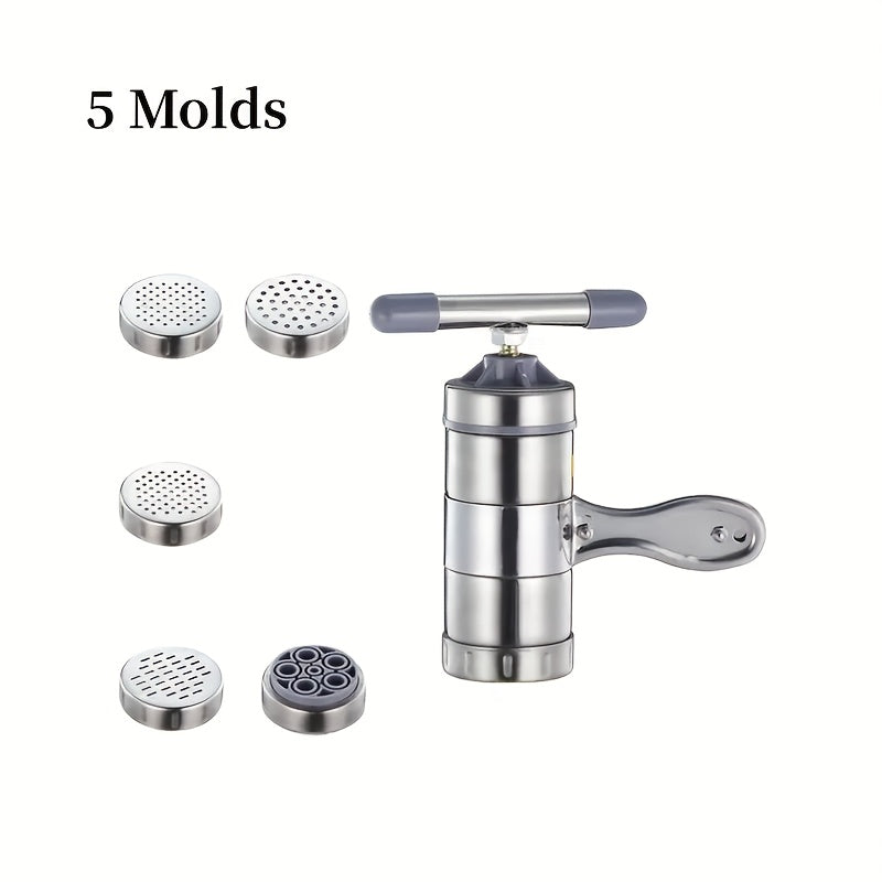 NoodleMate | Roestvrijstalen pastapers – Handmatige keukenpastamaker met 5 mallen