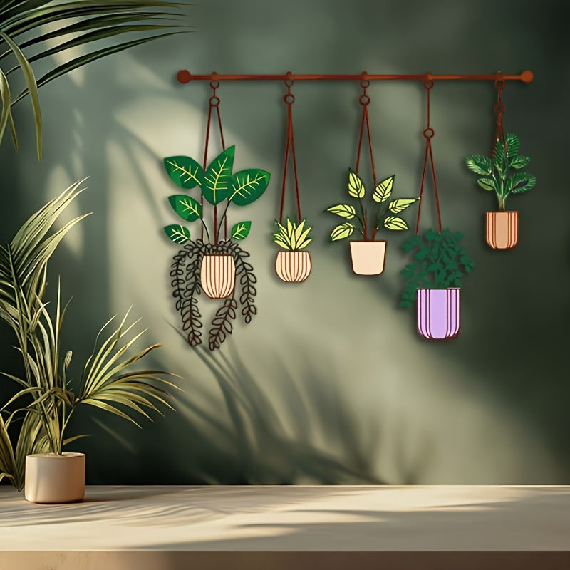 WallFlora | Grote Metalen Plantenwanddecoratie – Bruine Hangende Buizen met Groene & Paarse Potten