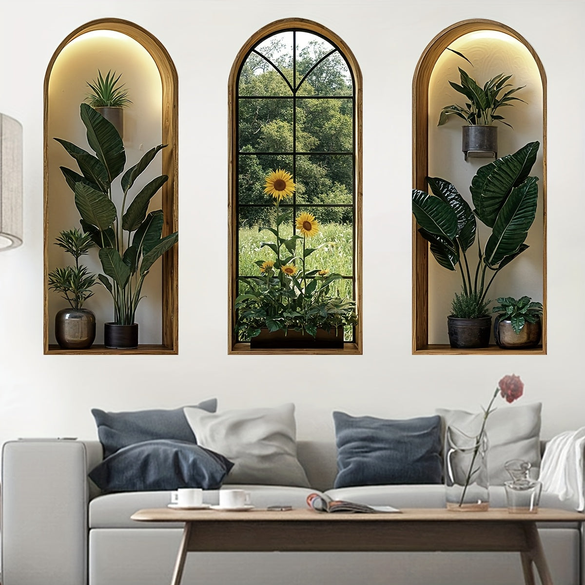 Archscape | 3-Delige Gebogen Nepraam Muurstickers – Realistisch Tropisch Plantenontwerp