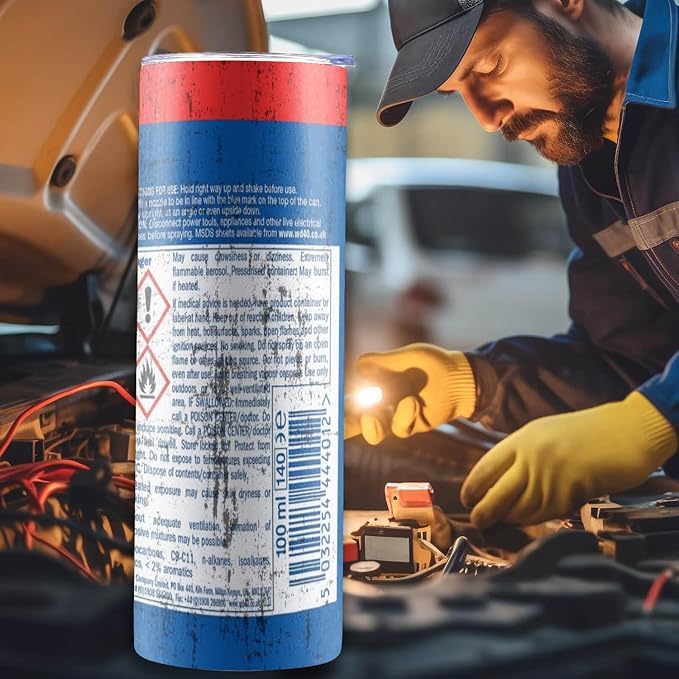 MechMug | Industriële WD-40 geïnspireerde thermosbeker – Robuuste roestvrijstalen reisbeker voor koffie