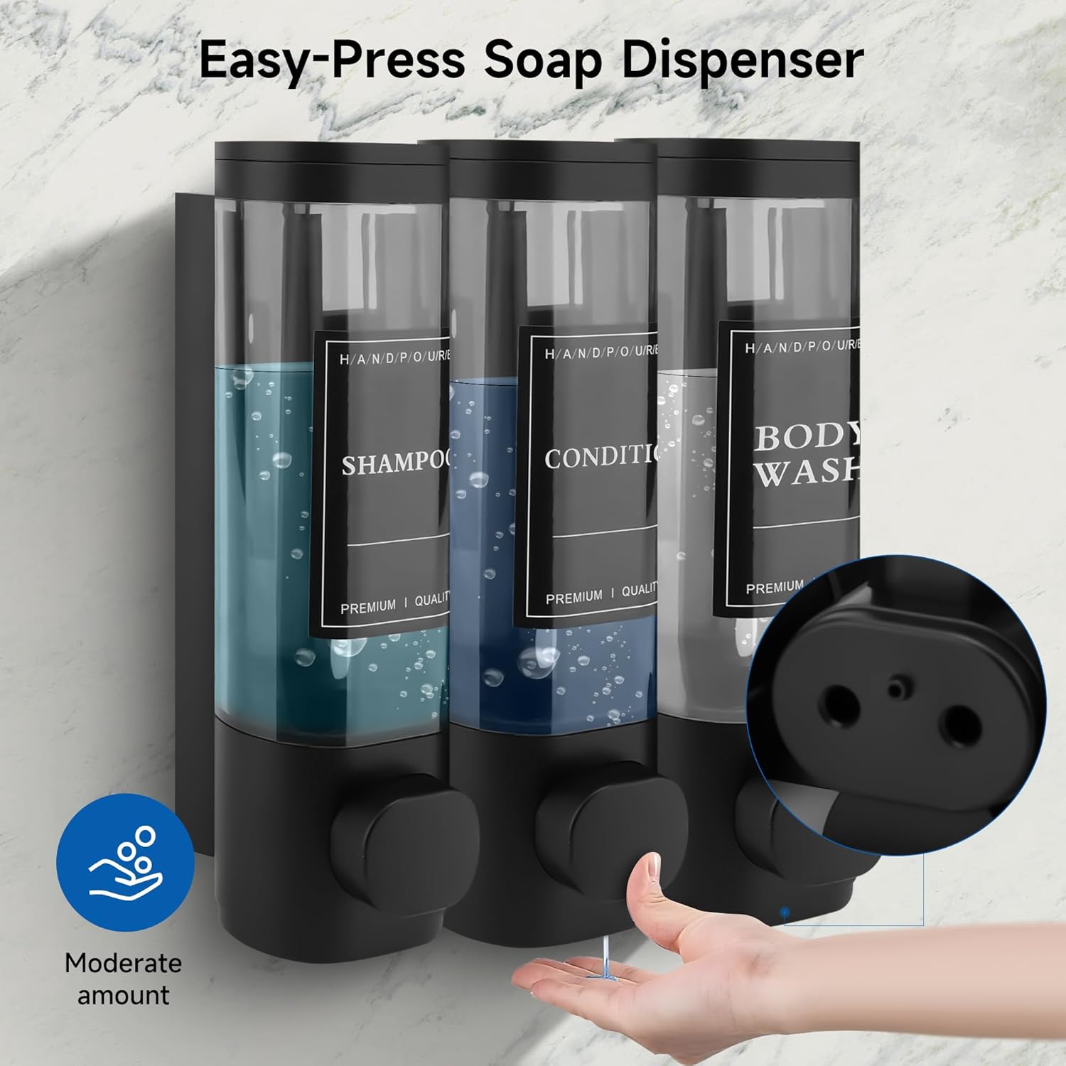 Hygiena | Wandgemonteerde zeep-, shampoo- en conditionerdispenser – 3 kamers 300 ml