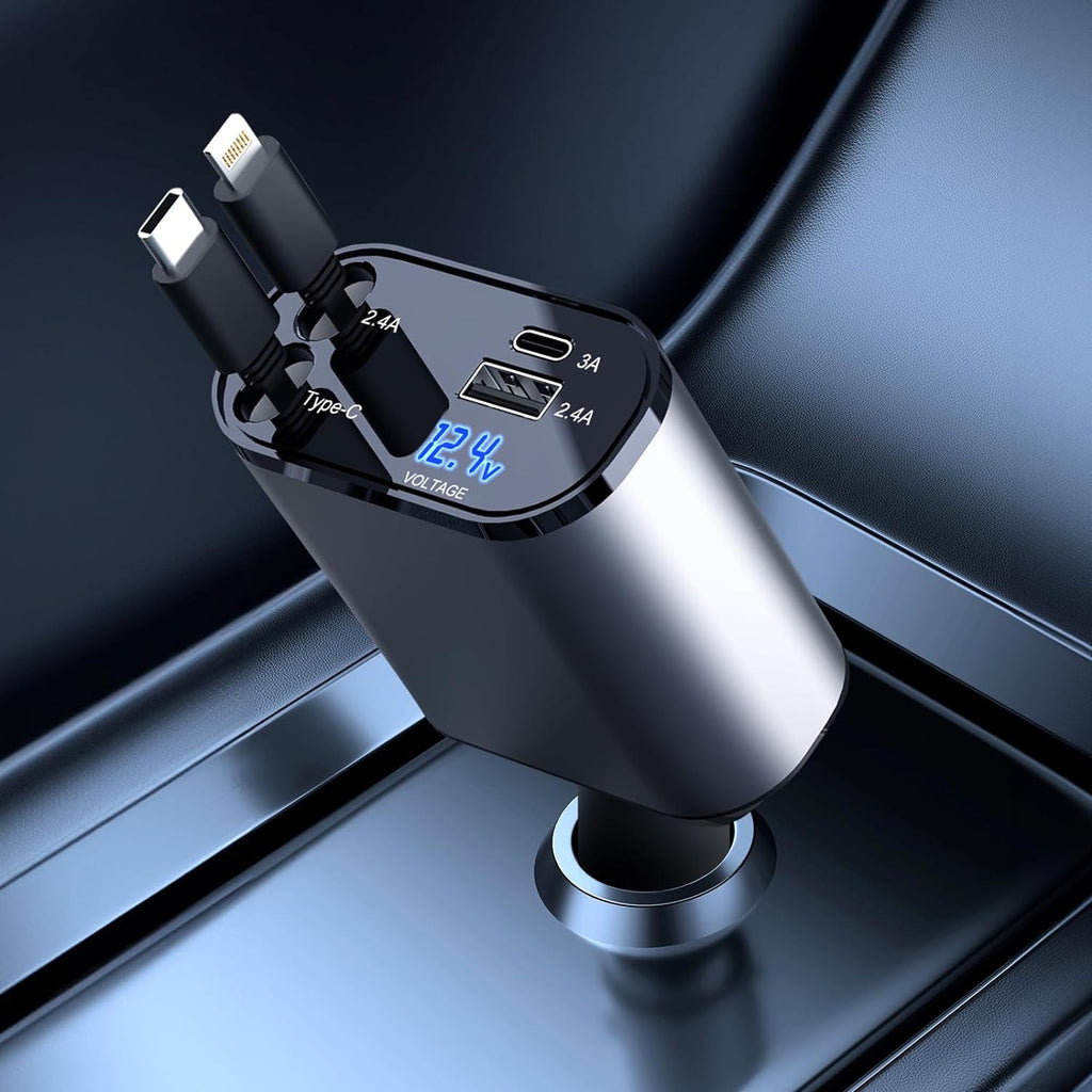 QuadCharge | 4-in-1 intrekbare autolader - snel opladen met meerdere kabels en poorten