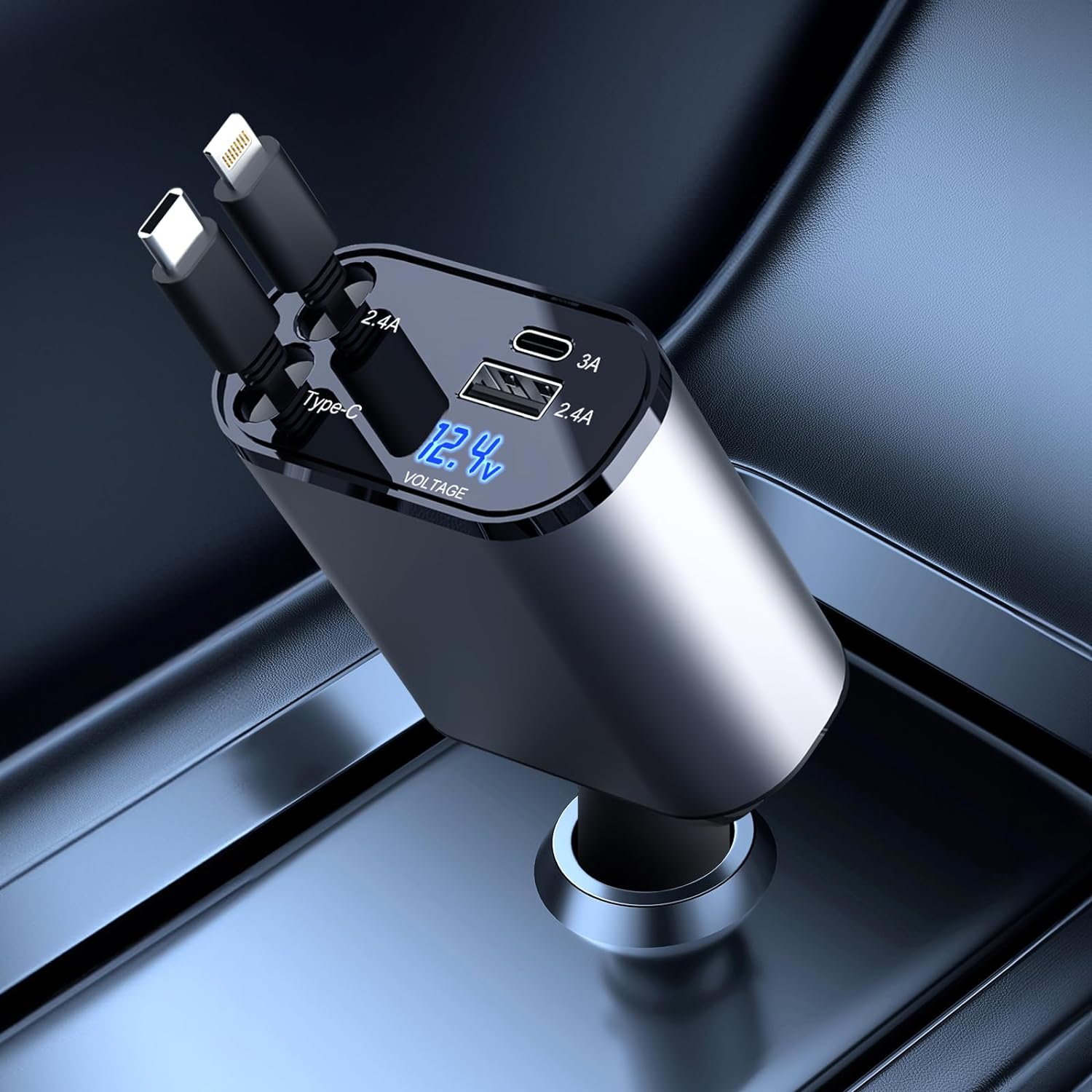 QuadCharge | 4-in-1 intrekbare autolader - snel opladen met meerdere kabels en poorten