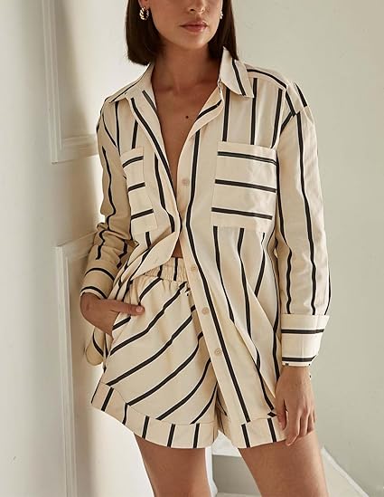 Texina | Casual Shorts Set – Lange Mouwen Overhemd met Knopen & Losvallende Shorts met Lijnenpatroon