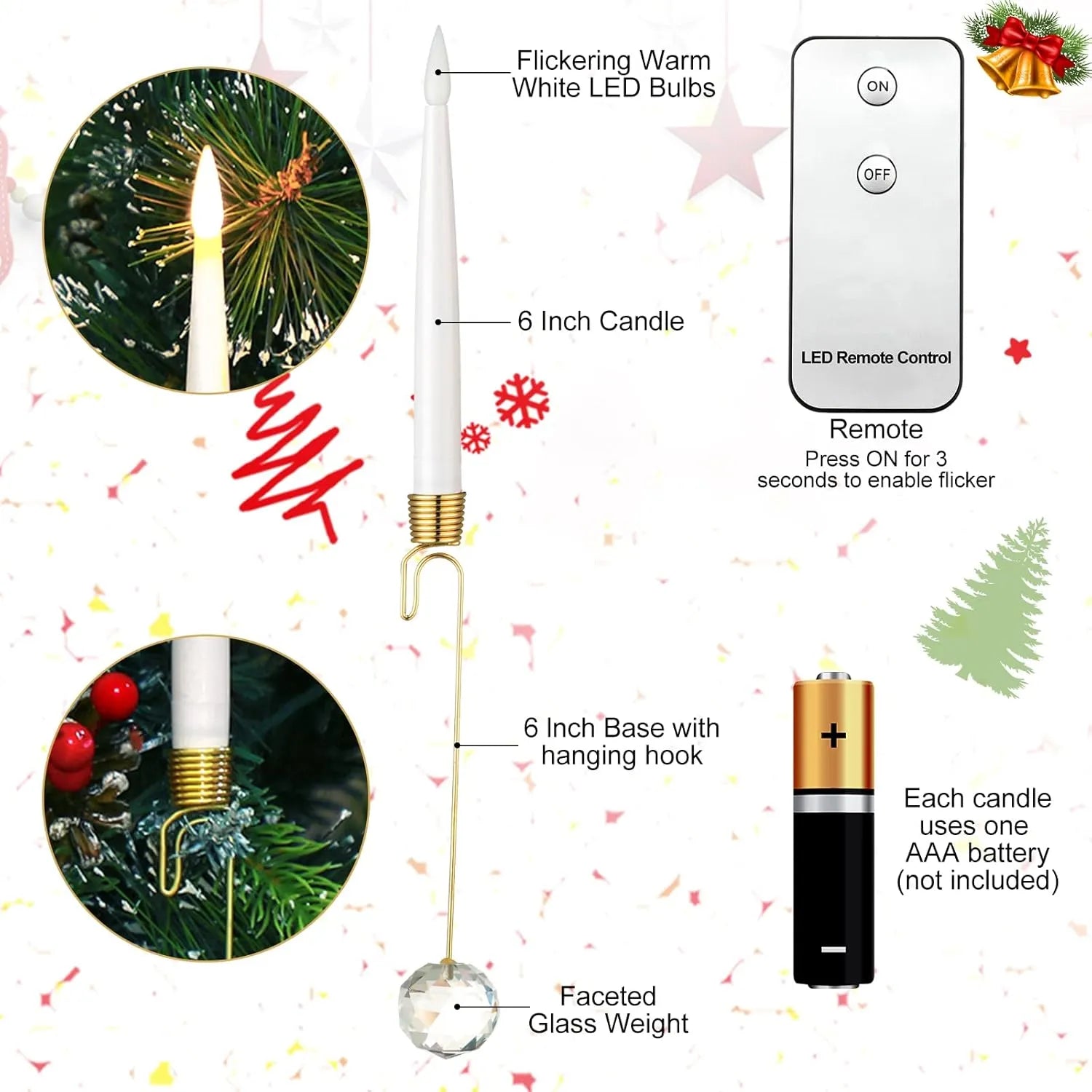 FrostGlow | Afstandsbediening vlamloze LED-kerstboomkaarsen – Acryl ijspegelhaakset
