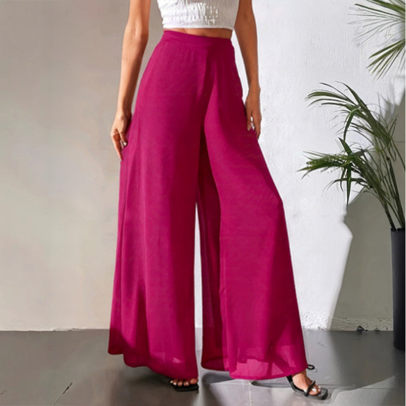 Roselia | Lichte zomerbroek voor dames – Soepelvallende palazzo met wijde pijpen van chiffon
