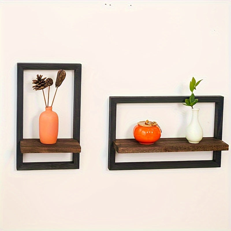 ShelfScape | Vintage Houten Wandplank Set - Vierkante Planken met Haken