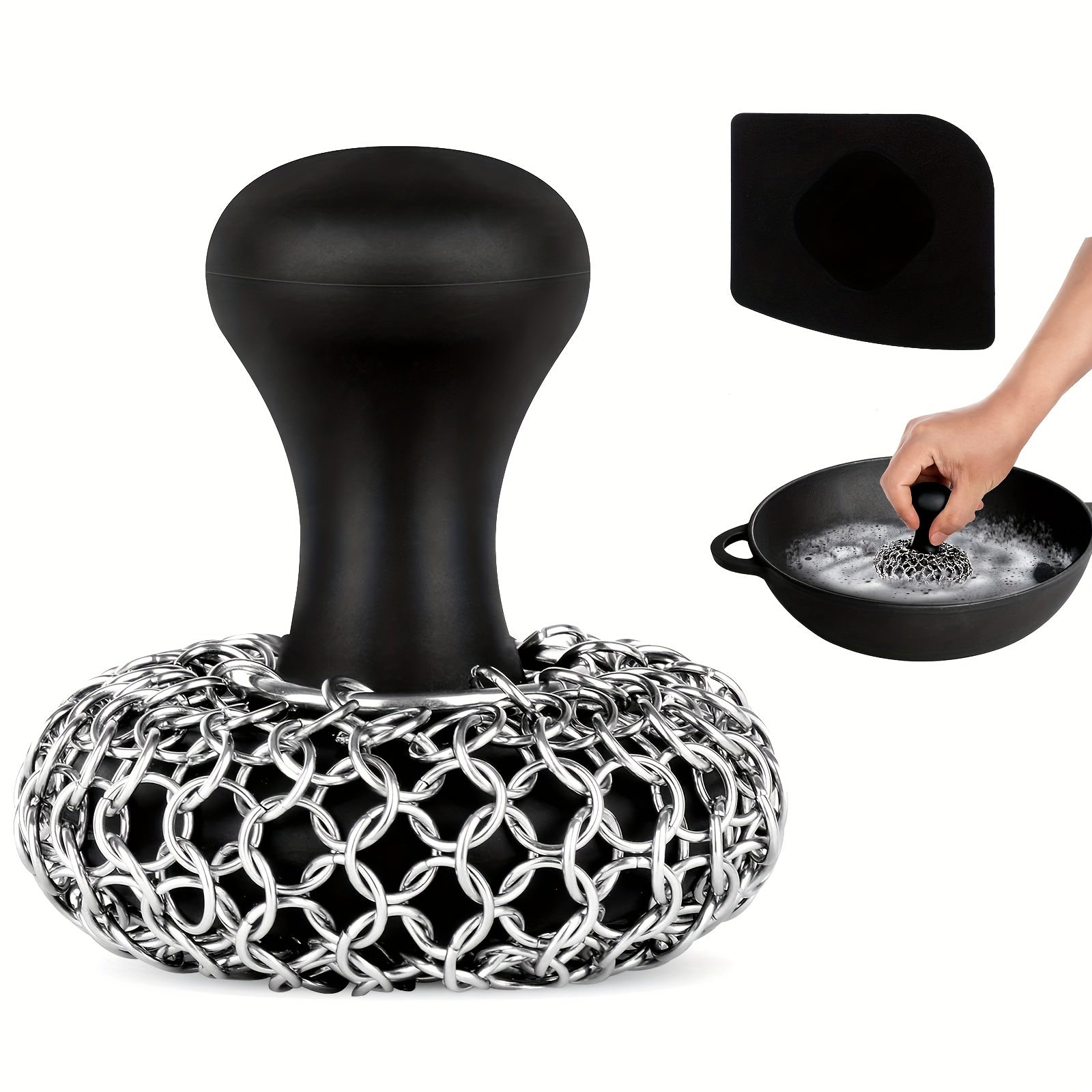 ToughMesh | 2 stuks heavy-duty gietijzeren en siliconen pannenschuursponsjes – maliënkoldertextuur, krasvrije