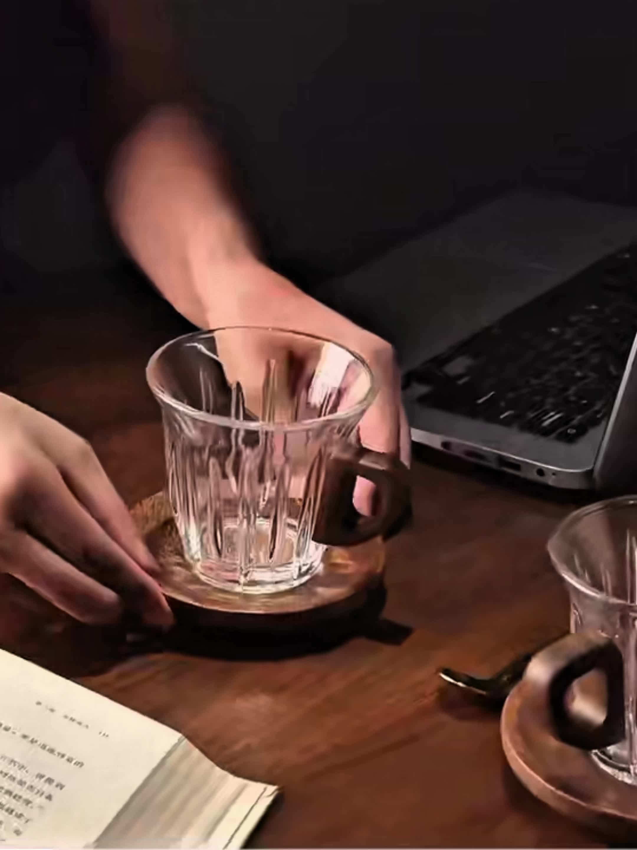 CafeLoom | Glazen koffiekopjesset met houten handvat en onderzetter – Hittebestendige espresso- en latte-kopjes