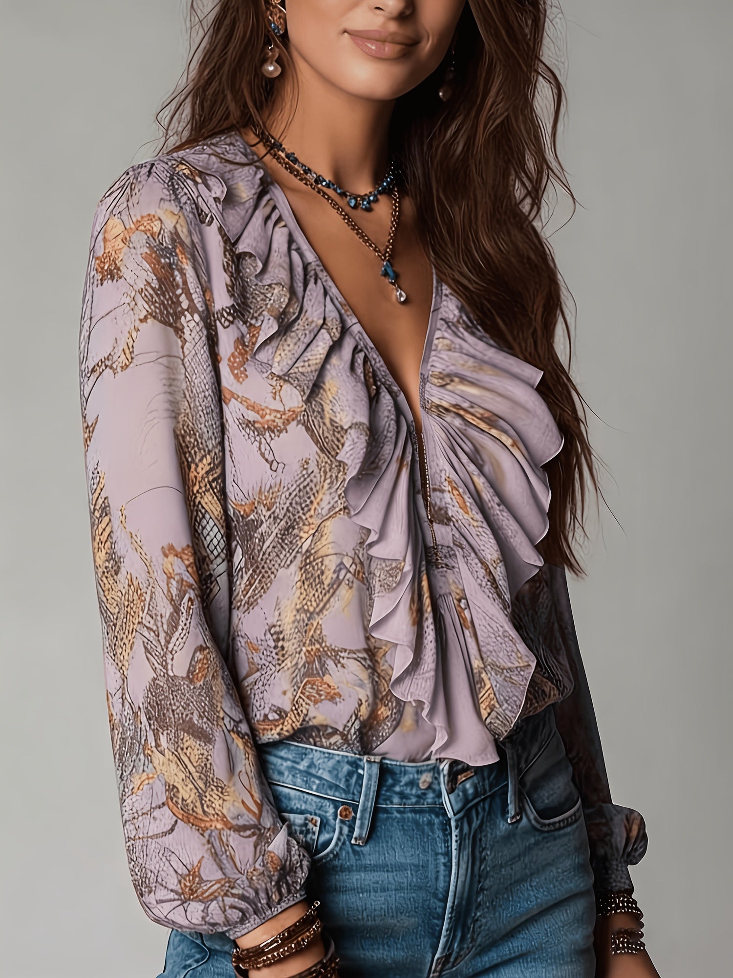 Ulynn | Elegante chiffonblouse voor dames – Blouse met bloemenprint, slangenprint, V-hals en ruches