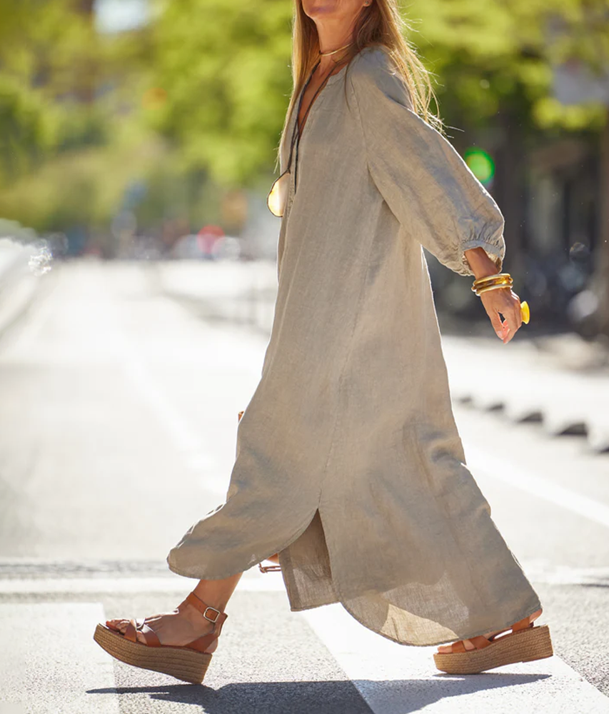 Selmira | Dames linnen losse midi jurk – Casual zomerse ademende tuniekjurk