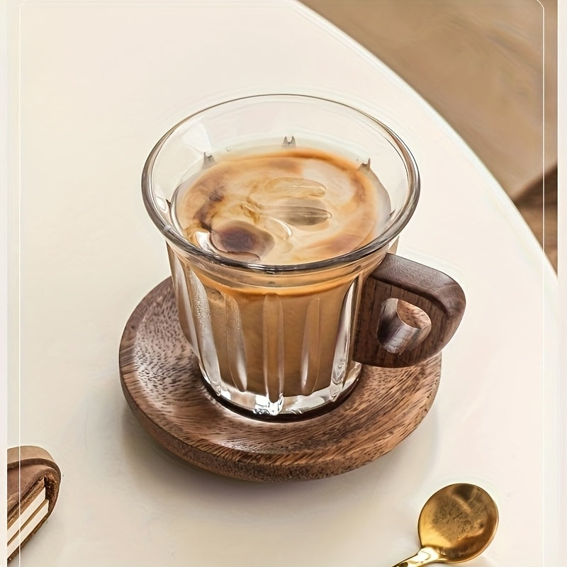 CafeLoom | Glazen koffiekopjesset met houten handvat en onderzetter – Hittebestendige espresso- en latte-kopjes