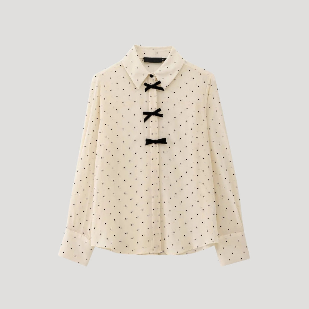 Elowen | Dames chiffonblouse met lange mouwen, stippen en strik – elegante, casual top voor op kantoor