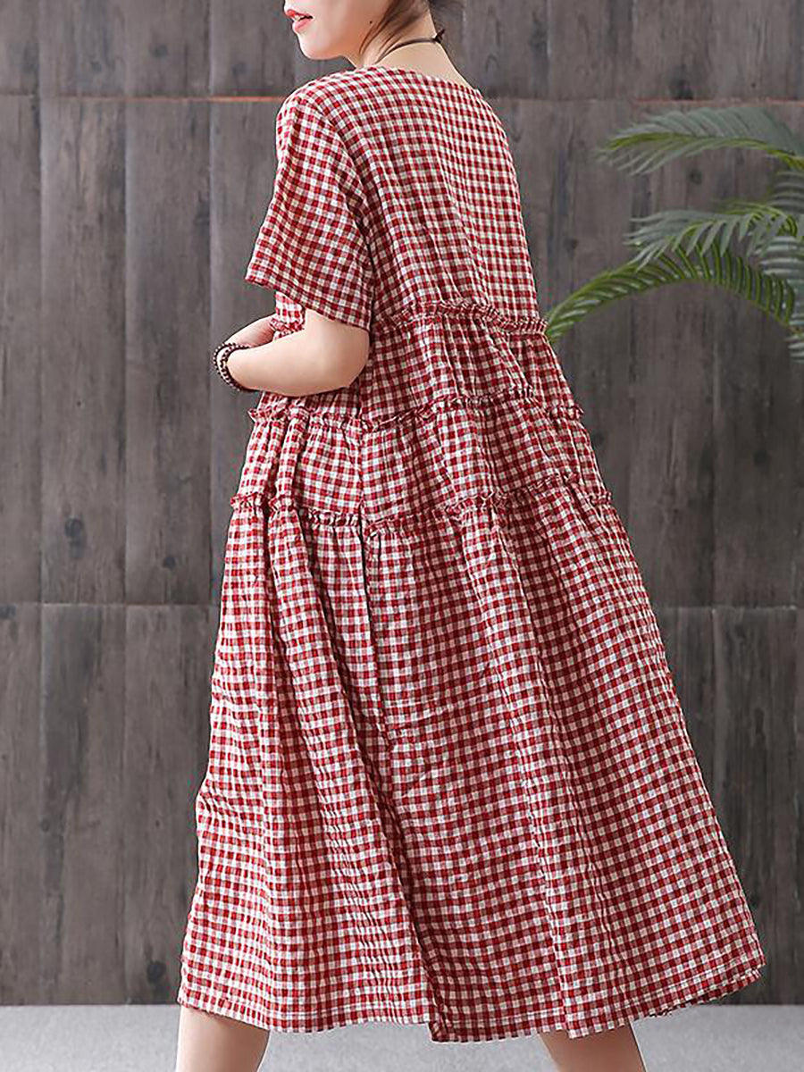 Mirielle | Dames Midi-jurk met korte mouwen en geruit patroon, casual losse zomerjurk