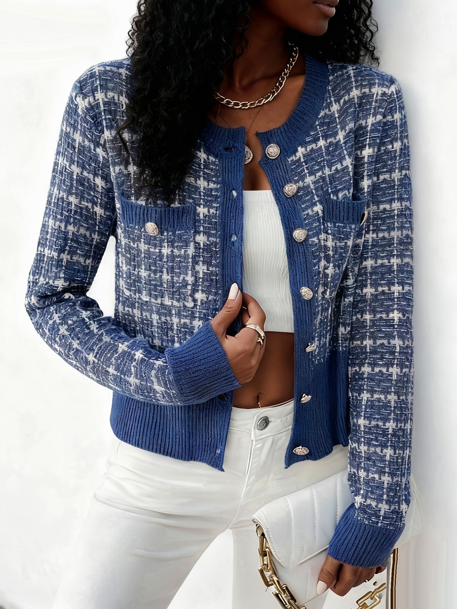 Gylora | Damesvest van geruite tweed – Gebreid vest met knopen