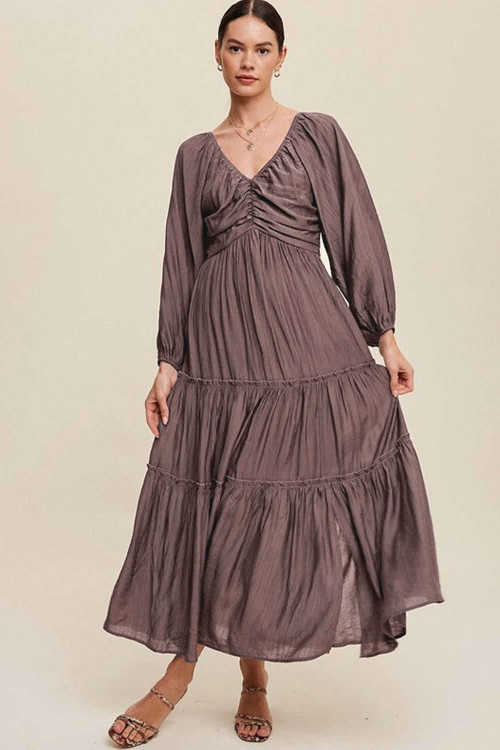 Sinae | Dames V-hals Maxi Jurk met Cut-Out – Boho Avondjurk met Strikdetail en Franjes