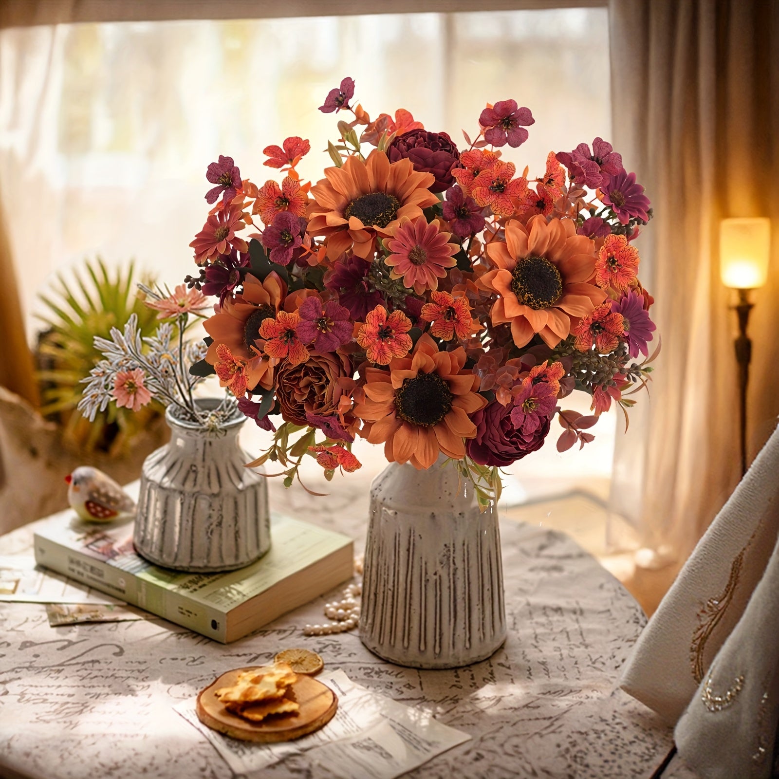 AutumnBloom | 4 stuks kunstbloemenarrangement voor de herfst – boeket met zonnebloemen, pioenrozen en madeliefjes