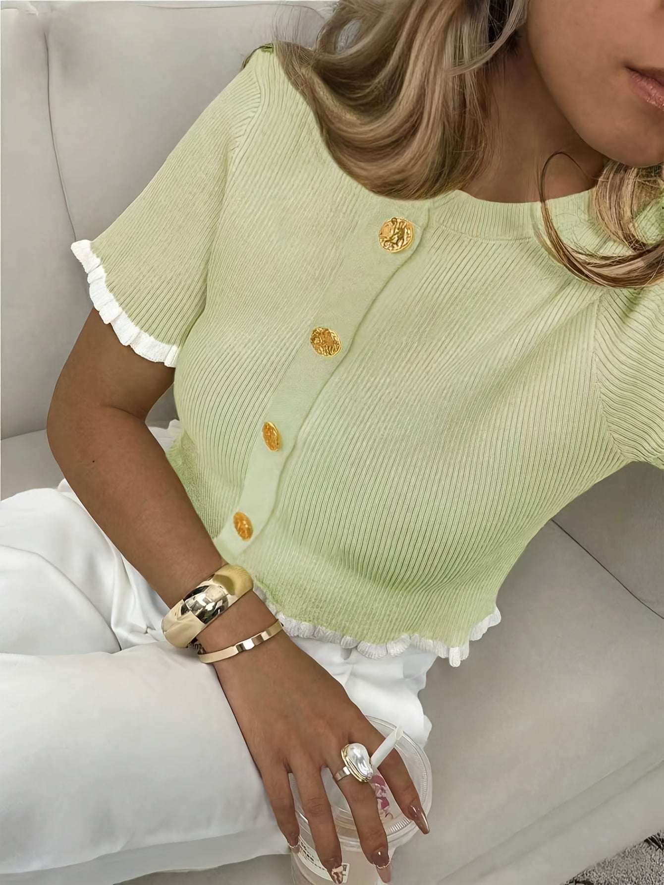 Zafira | Dames Gebreide Top met Knopen – Elegante Casual Korte Mouwen