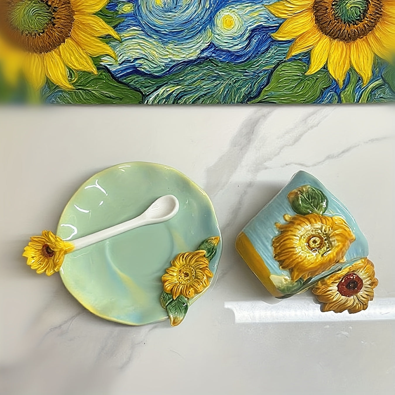 ImpreSip | Handgeschilderde Van Gogh keramische kop en schotel set – 3D zonnebloemen, irissen en sterrennachtontwerp