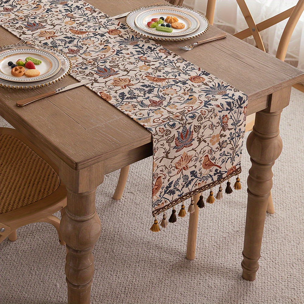 FloralVista | Vintage tafelloper met kwastjes - rustiek landelijk decoratief tafelkleed