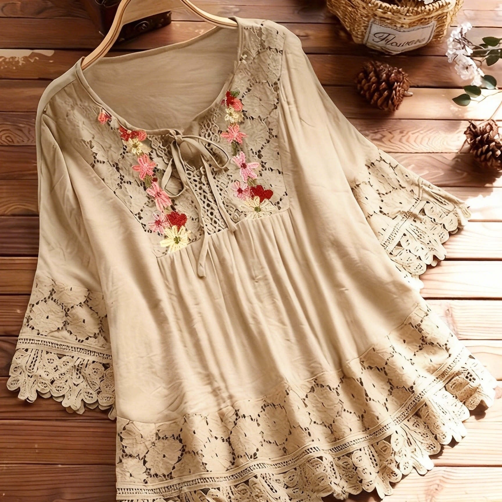 Vayla | Casual kanten damesblouse – Lente-zomerblouse met lange mouwen en patchwork