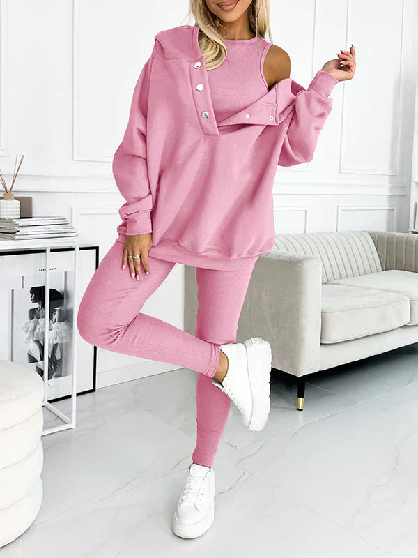 Rydelle | Dames 3-Delige Hoodie Set – Casual Hoodie met Knopen, Tanktop en Legging