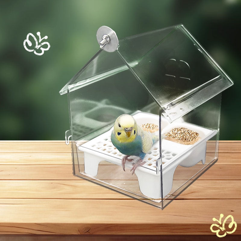 PerchHouse | Vogelvoederstation met dak, transparante 3-in-1 voederbak, bad en waterbak voor kooi of balkon