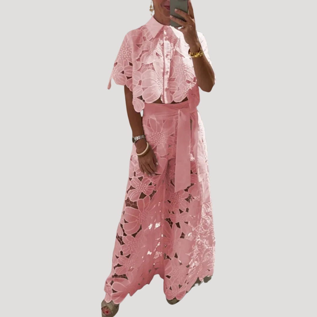 Bella | Tweedelige set met kant voor dames – Elegante outfit bestaande uit een bijpassend topje en rokje