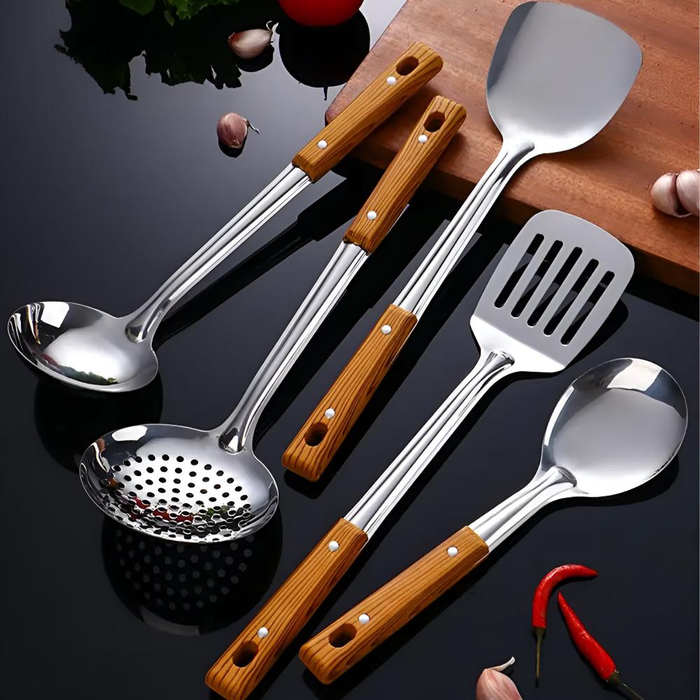 ForgeWare | Premium Roestvrijstalen Keukenhulpen Set - 5-delig Kookgereedschap met Houten Handvat