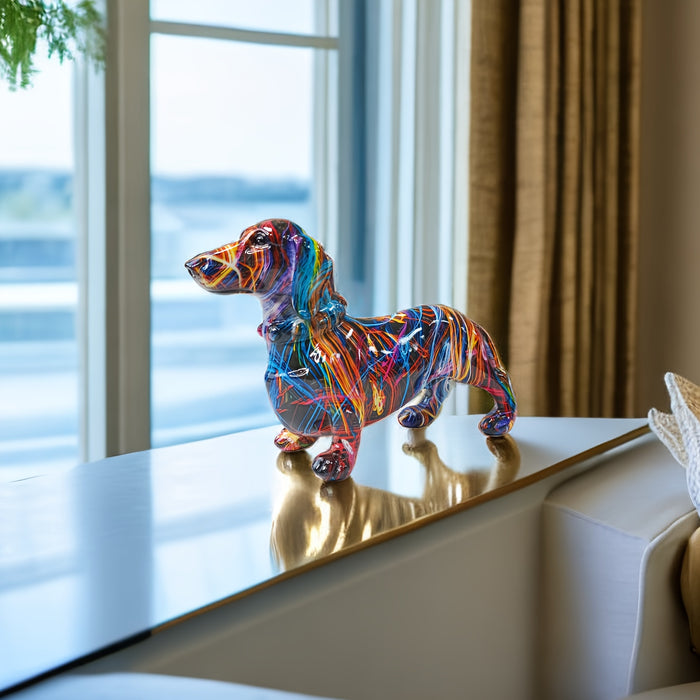 HueHound | Kleurrijk Teckelbeeldje - Speels Huisdecor, Uniek Decoratief Beeldje