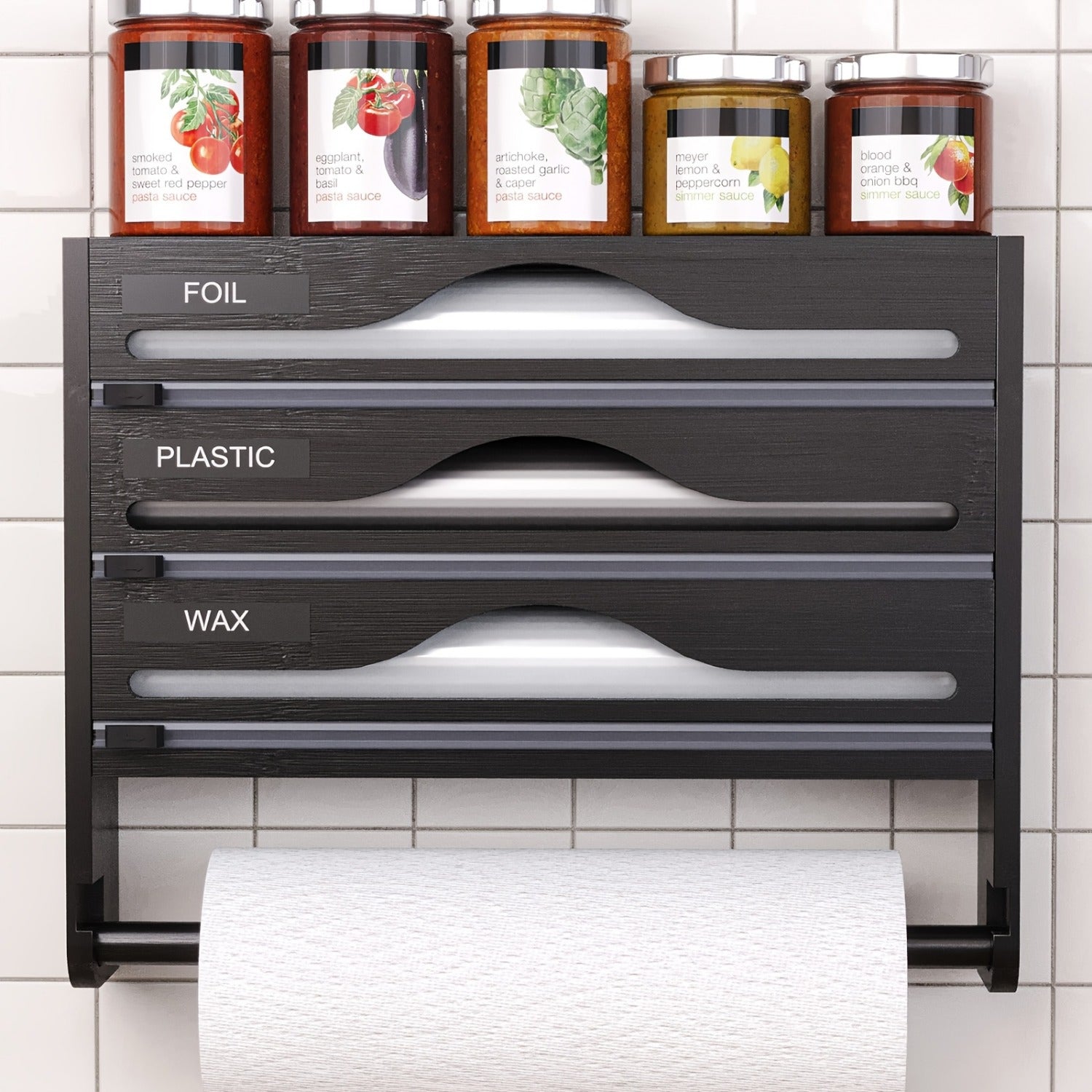 WrapRack | 3-delige bamboefoliedispenser - Keukenorganizer met keukenrolhouder, snijder en opbergrek -