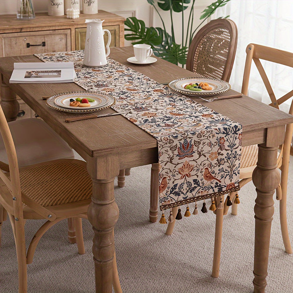 FloralVista | Vintage tafelloper met kwastjes - rustiek landelijk decoratief tafelkleed