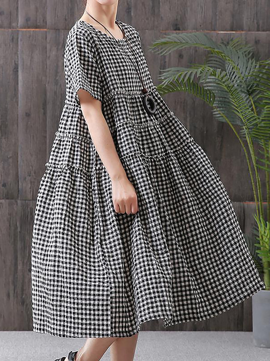Mirielle | Dames Midi-jurk met korte mouwen en geruit patroon, casual losse zomerjurk