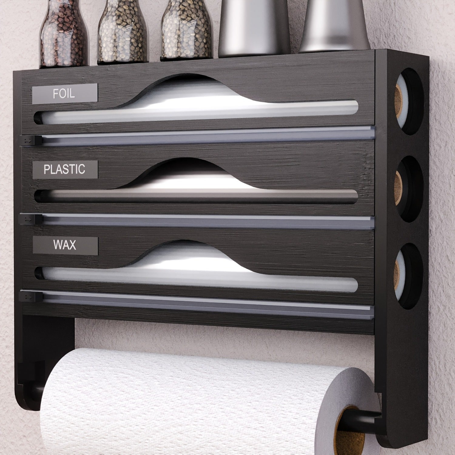 WrapRack | 3-delige bamboefoliedispenser - Keukenorganizer met keukenrolhouder, snijder en opbergrek -