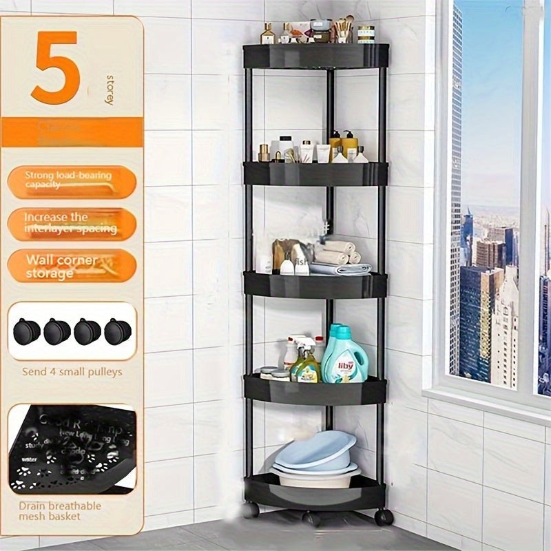 ShowerStack | 5-laags hoekdouche caddy, zwarte kunststof badkamer opbergrek, vrijstaande organizer