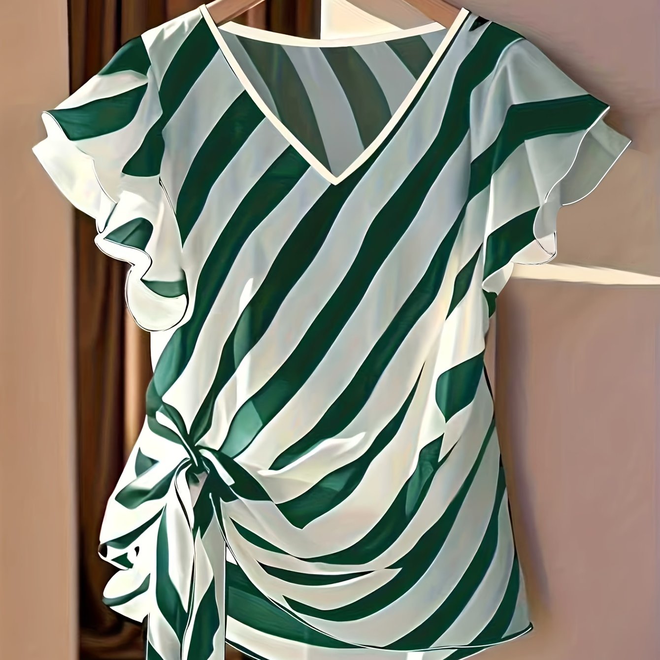 Saelyn | Gestreepte damestop met V-hals – Blouse met strik in de taille