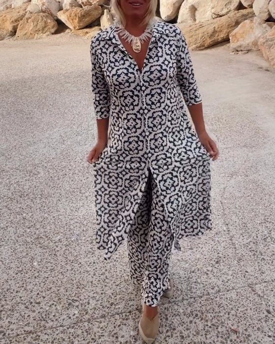 Claire | Dames Tweedelige Set met Geometrische Print – Lange Mouwen V-Hals Top & Broek