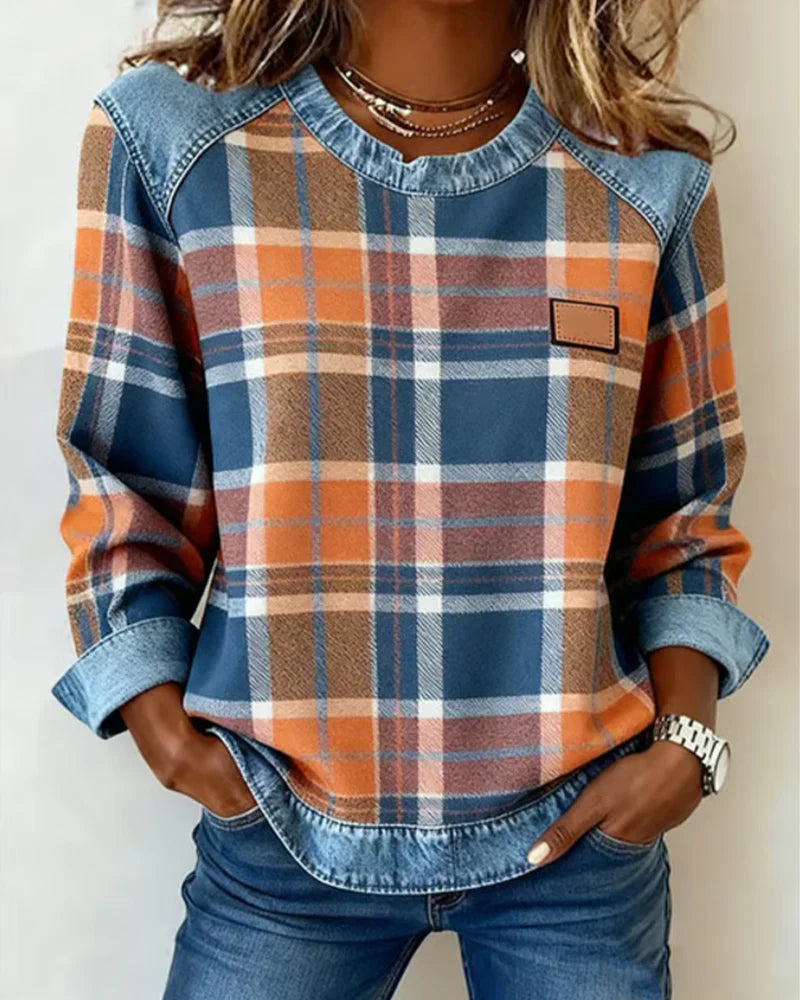Elvarielle | Dames Geruite Trui – Denim Patchwork Gebreide Casual Trui met Lange Mouwen