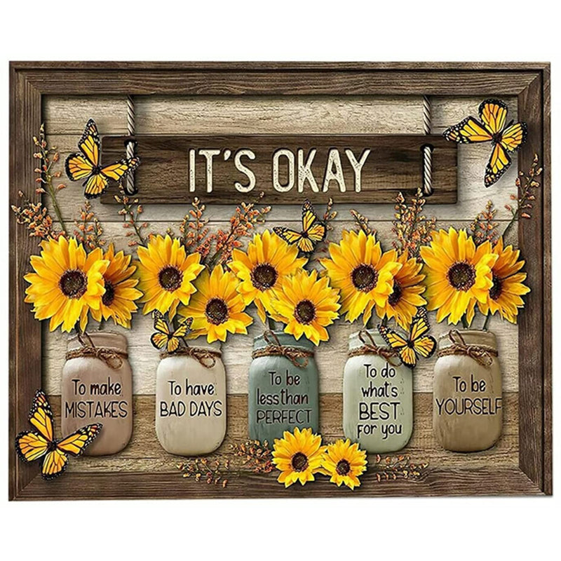 FlutterBloom | Vlinder- en Zonnebloemen Wandkunst Canvas Schilderij met Houten Lijst