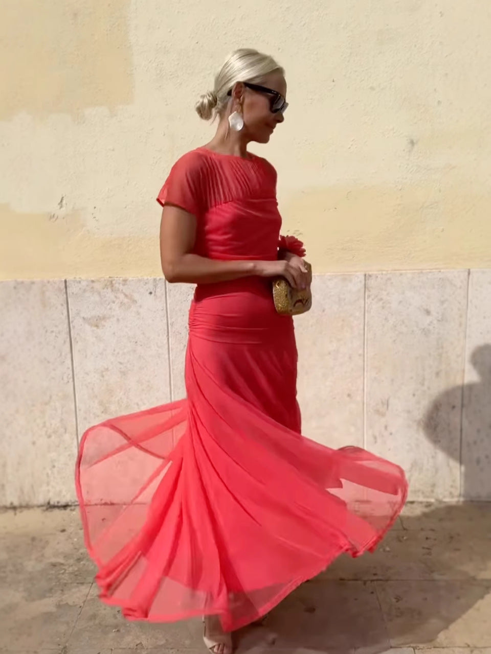Quenby | Chiffon midi-jurk voor dames – elegante zwierige A-lijn jurk met ronde hals