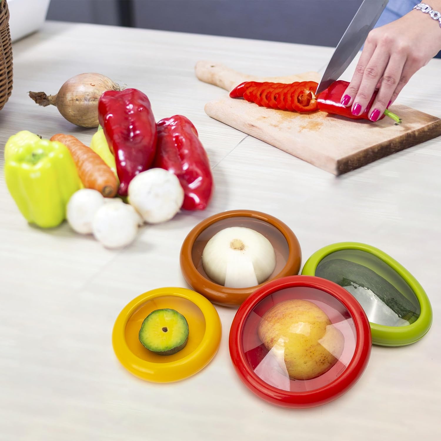 FreshLock | Siliconen deksels 4 stuks – Grote herbruikbare luchtdichte opslag voor fruit en groenten, stapelbaar, BPA-vrij
