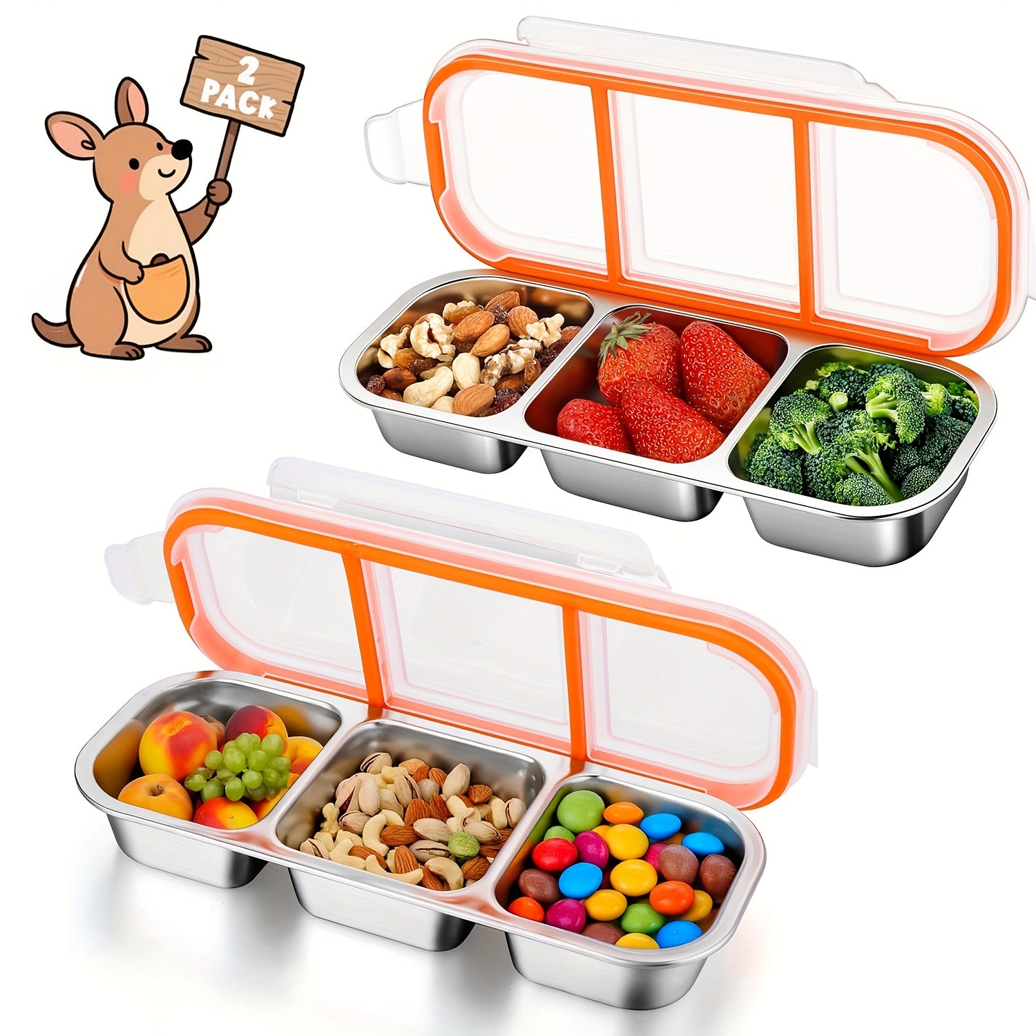 SteelBento | Roestvrijstalen Snackbox – 3-Vakken Voedselopslagdoos met Klapdeksel, Lekvrij